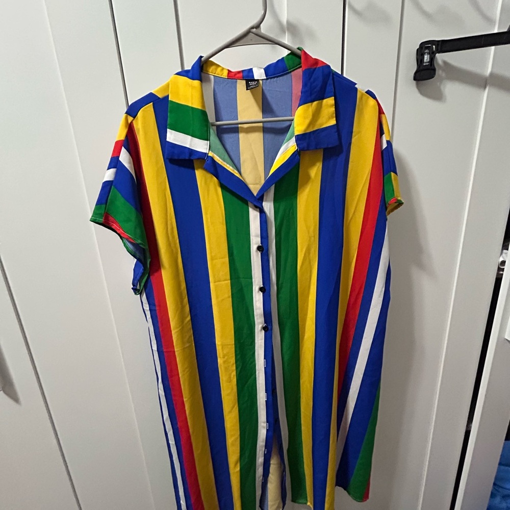 SHEIN 0XL Multicolor Striped Button Down Shirt Dress – Rainbow Vacation Cover-Up